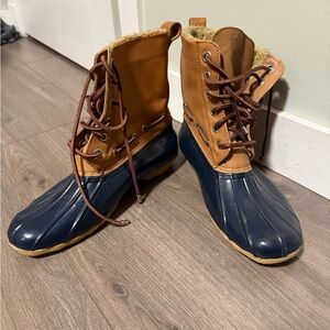 Sperry Blue Navy Blue Tan and Brown Waterproof Duck Boots - US8